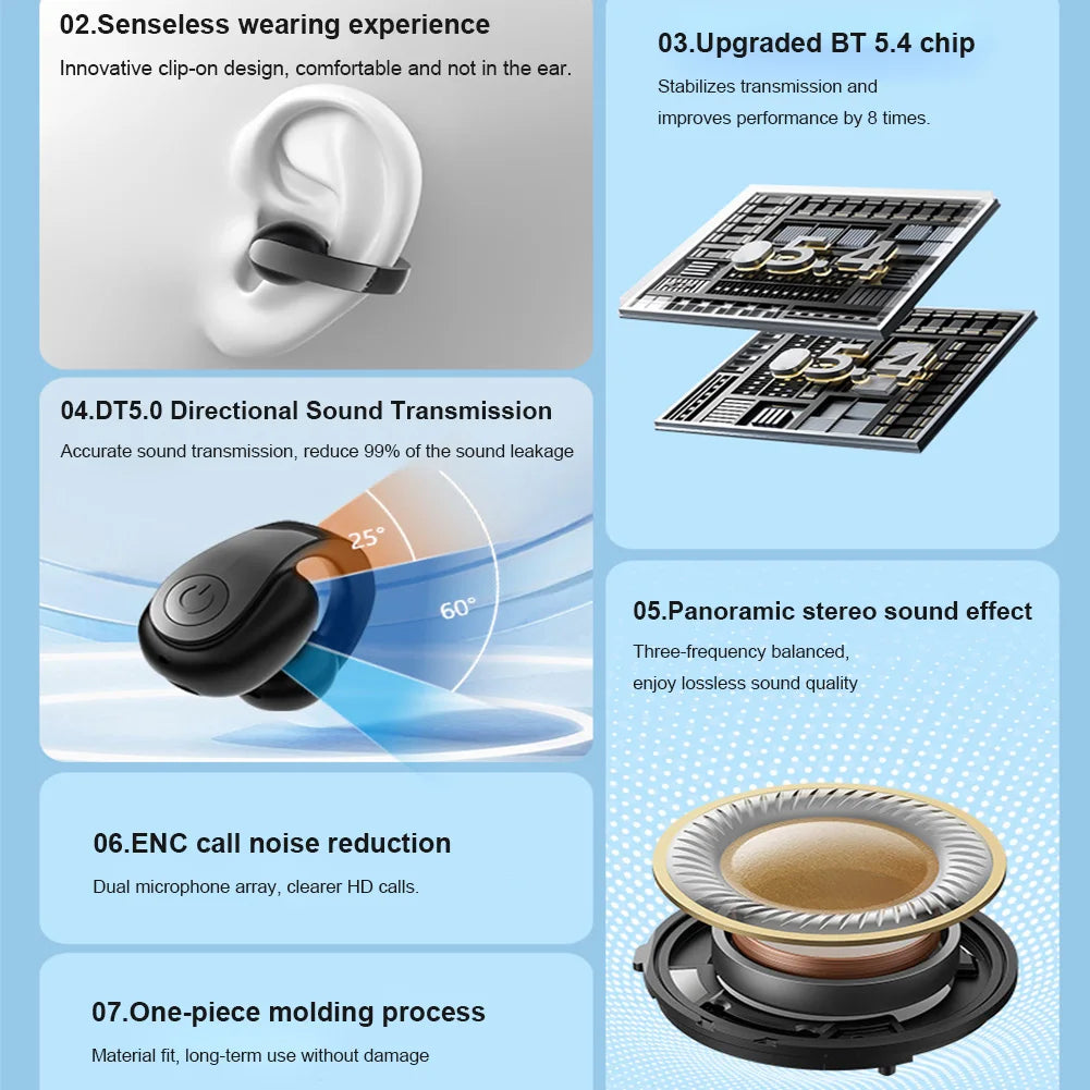 Wireless Ear Clip On Earphone Waterproof Bluetooth-Compatible 5.4 Sports Earphones Noise Canceling HiFi Stereo Headset