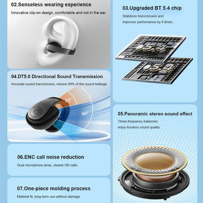 Wireless Ear Clip On Earphone Waterproof Bluetooth-Compatible 5.4 Sports Earphones Noise Canceling HiFi Stereo Headset